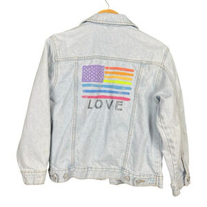 Old Navy Flag Denim Jacket Women Size L Light Wash Love is Love Rainbow USA Love
